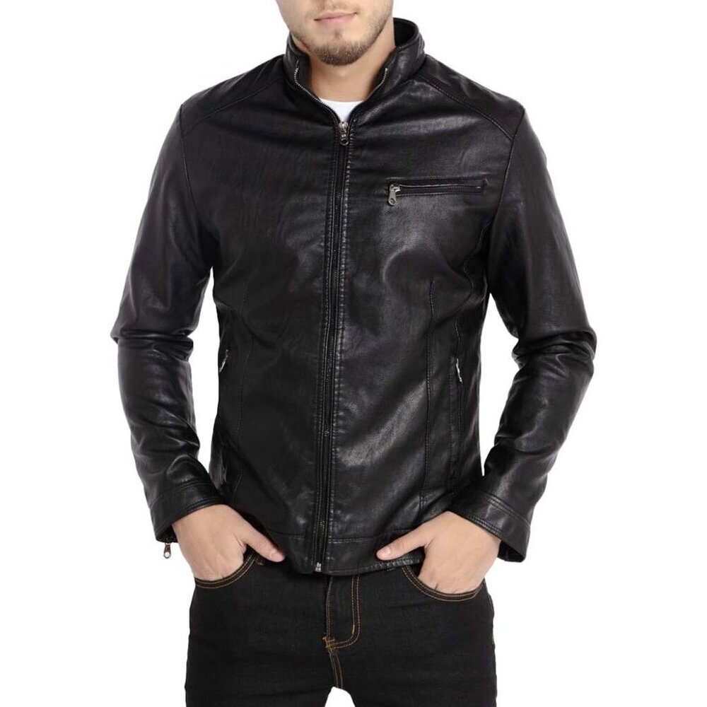🆕Mens Black WULFUL Stand Collar Faux Leather Motorcycle Lightweight Jacket